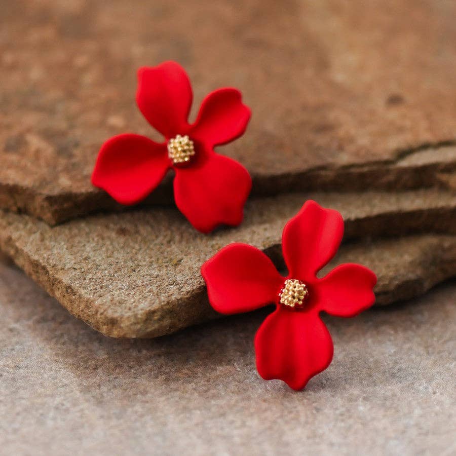 Red Painted Metal Flower Stud Earrings - 6760